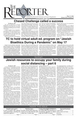 Chesed Challenge Called a Success TC to Hold Virtual Adult Ed. Program on “Jewish Bioethics During a Pandemic” on May 17