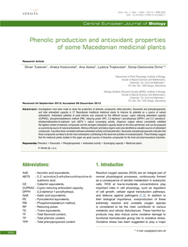 Phenolic Production and Antioxidant Properties of Some Macedonian Medicinal Plants