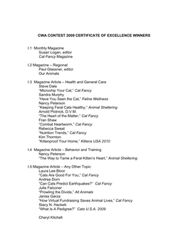 2009 Certificate of Excellence Winners