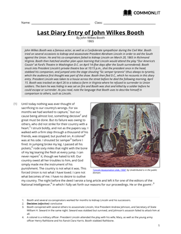 Commonlit | Last Diary Entry of John Wilkes Booth