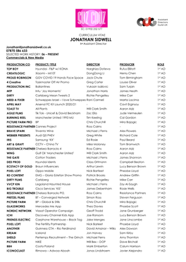 CURRICULUM VITAE JONATHAN SIDWELL 1St Assistant Director Jonathan@Jonathansidwell.Co.Uk 07870 586 633 SELECTED WORK HISTORY: 06 – PRESENT Commercials & New Media