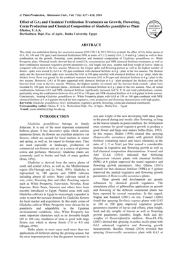 Effect of GA3 and Chemical Fertilization Treatments on Growth, Flowering, Corm Production and Chemical Composition of Gladiolus Grandiflorus Plant Ghatas, Y.A.A