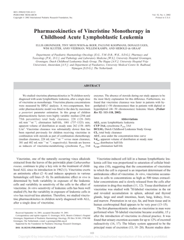 Pharmacokinetics of Vincristine Monotherapy in Childhood Acute Lymphoblastic Leukemia