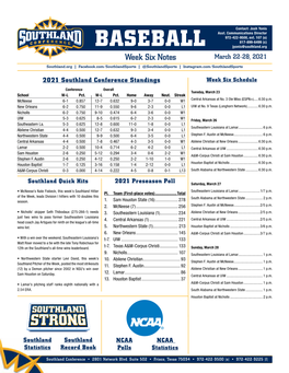 Week Six Notes March 22-28, 2021 Southland.Org | Facebook.Com/Southlandsports | @Southlandsports | Instagram.Com/Southlandsports