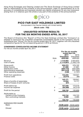 PICO FAR EAST HOLDINGS LIMITED (Incorporated in the Cayman Islands with Limited Liability) (Stock Code : 752)