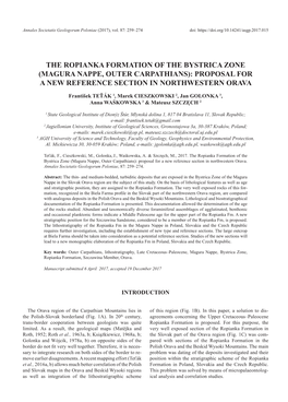 The Ropianka Formation of the Bystrica Zone (Magura Nappe, Outer Carpathians): Proposal for a New Reference Section in Northwestern Orava