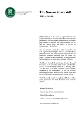 Human Tissue Bill 9 JANUARY 2004 Bill 9 of 2003-04