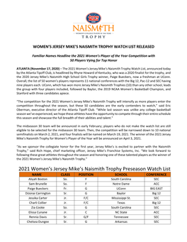 2021 Women's Jersey Mike's Naismith Trophy Preseason Watch List