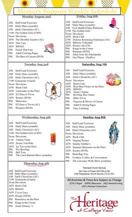 Memory Support Weekly Schedule Monday August 2Nd Friday Aug 6Th