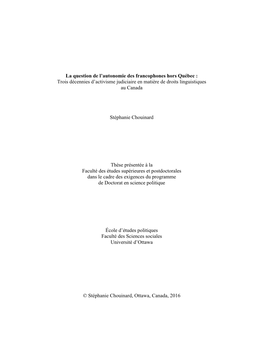 La Question De L'autonomie Des Francophones Hors Québec