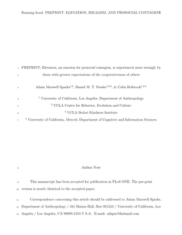 PREPRINT: Elevation, an Emotion for Prosocial Contagion, Is Experienced More Strongly By