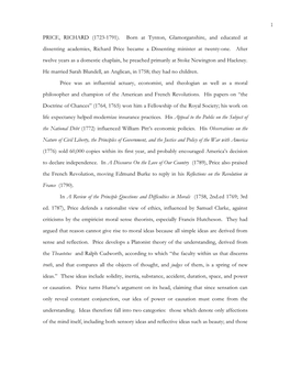 PRICE, RICHARD (1723-1791). Born at Tynton, Glamorganshire, and Educated at Dissenting Academies, Richard Price Became a Dissenting Minister at Twenty-One