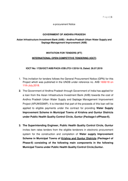 1. This Invitation for Tenders Follows the General Procurement Notice (GPN) for This Project Which Was Published in the UNDB Under Reference No