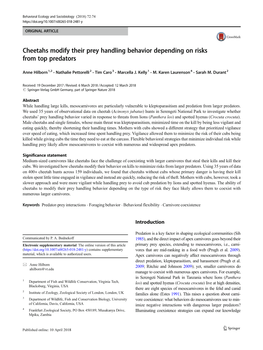 Cheetahs Modify Their Prey Handling Behavior Depending on Risks from Top Predators