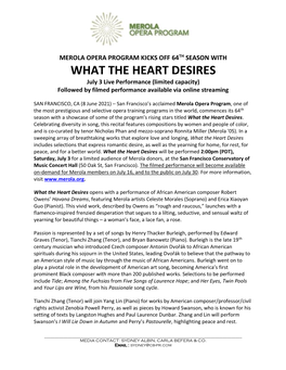 WHAT the HEART DESIRES July 3 Live Performance (Limited Capacity) Followed by Filmed Performance Available Via Online Streaming