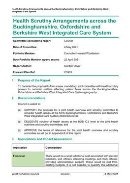 Health Scrutiny Arrangements Across the Buckinghamshire, Oxfordshire and Berkshire West Integrated Care System