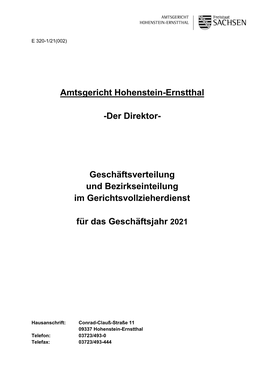 Amtsgericht Hohenstein-Ernstthal -Der Direktor- Geschäftsverteilung Und Bezirkseinteilung Im Gerichtsvollzieherdienst Für