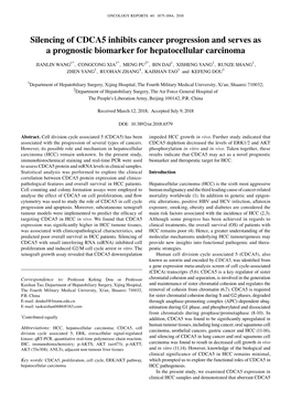 Silencing of CDCA5 Inhibits Cancer Progression and Serves As a Prognostic Biomarker for Hepatocellular Carcinoma