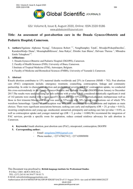 An Assessment of Post-Abortion Care in the Douala Gyneco-Obstetric and Pediatric Hospital, Cameroon
