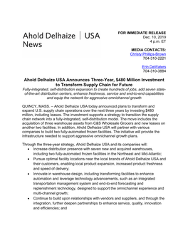 Ahold Delhaize USA Announces Three-Year, $480 Million