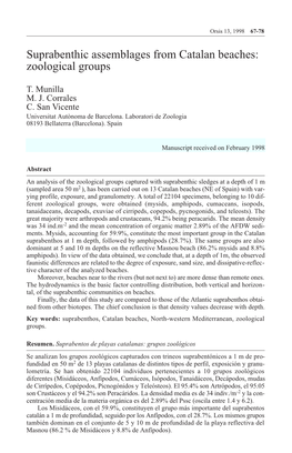 Suprabenthic Assemblages from Catalan Beaches: Zoological Groups