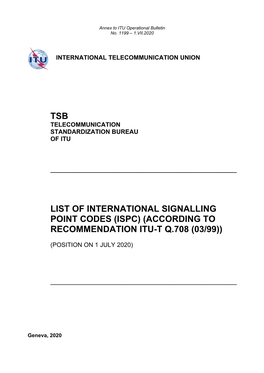 List of International Signalling Point Codes (Ispc) (According to Recommendation Itu-T Q.708 (03/99))