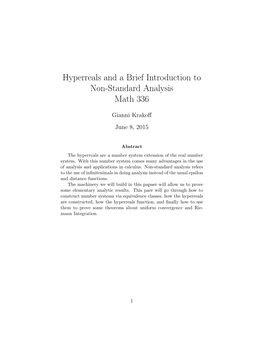 Hyperreals and a Brief Introduction to Non-Standard Analysis Math 336