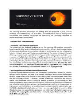 The Following Document Enumerates Five Findings from the Exoplanets in Our Backyard Workshop, Conducted February 5-7, 2020 at the Lunar and Planetary Institute