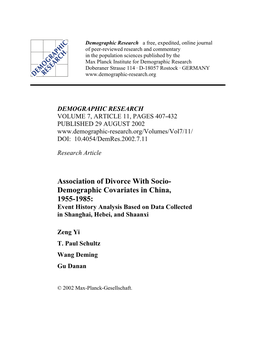 Association of Divorce with Socio-Demographic Covariates in China, 1955-1985: Event History Analysis Based on Data Collected in Shanghai, Hebei, and Shaanxi