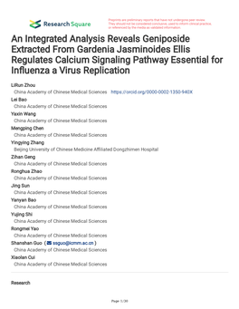 An Integrated Analysis Reveals Geniposide Extracted from Gardenia Jasminoides Ellis Regulates Calcium Signaling Pathway Essential for Infuenza a Virus Replication