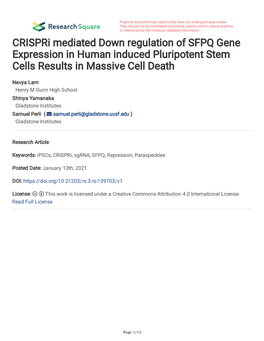 Crispri Mediated Down Regulation of SFPQ Gene Expression in Human Induced Pluripotent Stem Cells Results in Massive Cell Death