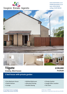 Tilgate £190,000 Crawley, West Sussex Freehold 1 Bed House with Private Garden