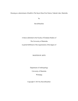 1 Housing As a Determinant of Health in the Sayisi Dene First Nation