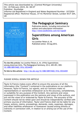 The Pedagogical Seminary Superstitions Among American Girls