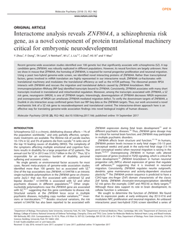 Interactome Analysis Reveals ZNF804A, a Schizophrenia Risk Gene, As a Novel Component of Protein Translational Machinery Critical for Embryonic Neurodevelopment