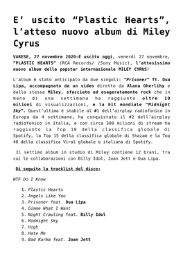 Atteso Nuovo Album Di Miley Cyrus