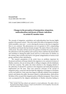 Changes in the Perception of Immigration, Integration, Multiculturalism and Threats of Islamic Radicalism in Certain EU Member States