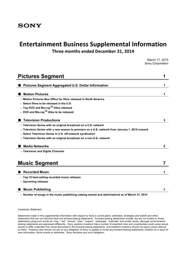 Entertainment Business Supplemental Information Three Months Ended December 31, 2014