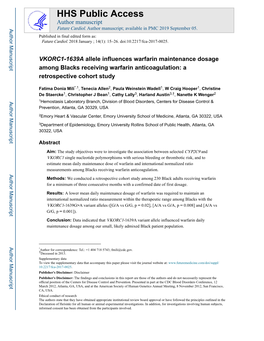 VKORC1-1639A Allele Influences Warfarin Maintenance Dosage Among Blacks Receiving Warfarin Anticoagulation: a Retrospective Cohort Study