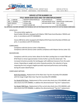 Service Letter 154, Main Gear Oleo and Top Arm Replacement