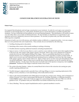 Consent for Treatment of Extraction of Teeth