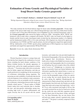 Estimation of Some Genetic and Physiological Variables of Iraqi Desert Snake Cerastes Gasperettii