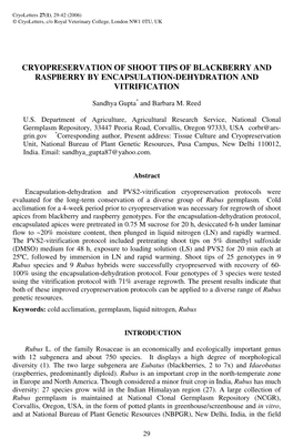 Cryopreservation of Shoot Tips of Blackberry and Raspberry by Encapsulation-Dehydration and Vitrification