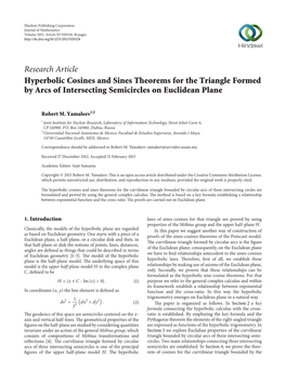 Hyperbolic Cosines and Sines Theorems for the Triangle Formed by Arcs of Intersecting Semicircles on Euclidean Plane