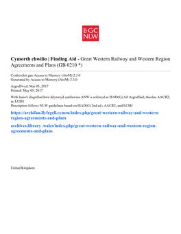 Great Western Railway and Western Region Agreements and Plans (GB 0210 *)