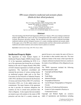 IPR Issues Related to Medicinal and Aromatic Plants (Herbs & Their Allied Products)