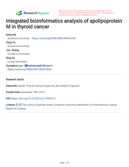 Integrated Bioinformatics Analysis of Apolipoprotein M in Thyroid Cancer