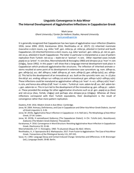 Linguistic Convergence in Asia Minor the Internal Development of Agglutinative Inflections in Cappadocian Greek