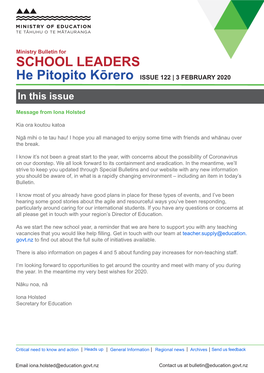 Ministry Bulletin for SCHOOL LEADERS He Pitopito Kōrero ISSUE 122 | 3 FEBRUARY 2020 in This Issue