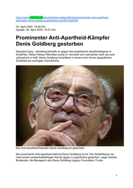 Prominenter Anti-Apartheid-Kämpfer Denis Goldberg Gestorben